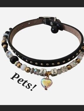 2 Pet collars, handmade beaded, "TT" (Tay/Trav) and black with metal rivets